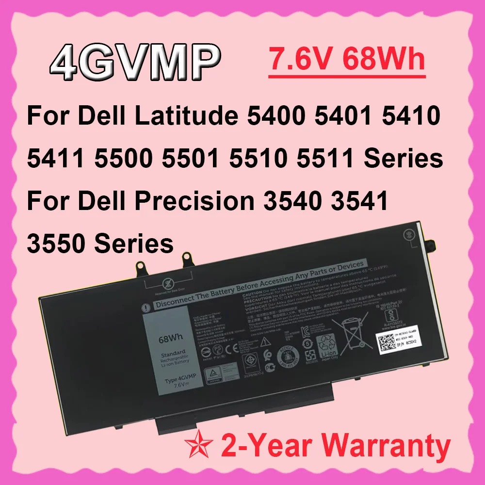 

Laptop Battery For DELL 4GVMP Latitude 5400 5401 5410 5500 5501 5510 Compatible with Precision 3540 3541 3550 Series 7.6V 68Wh