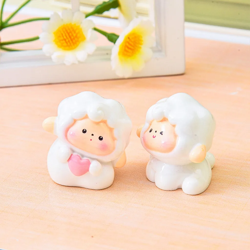 Mini Resin Sheep Figurine Cute Cartoon Year Of The Sheep Sculpture Ornament Desktop Office Car Decor Animal Model Figurines