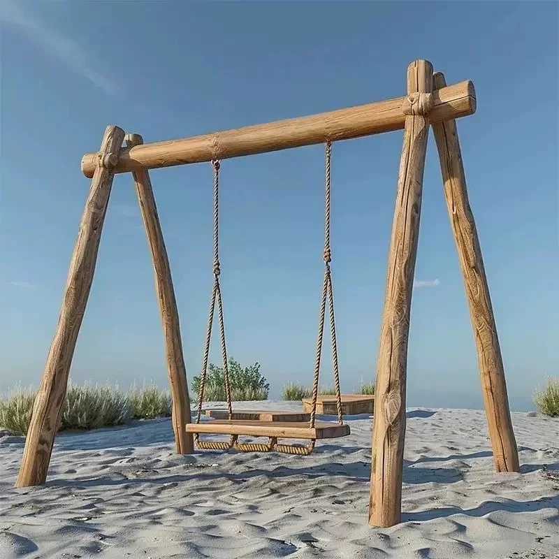 Outdoor Log Swing Internet celebrity clock in camp Seaside Wooden Arch Frame Courtyard Swinging Chair Amusement Swing Facilities