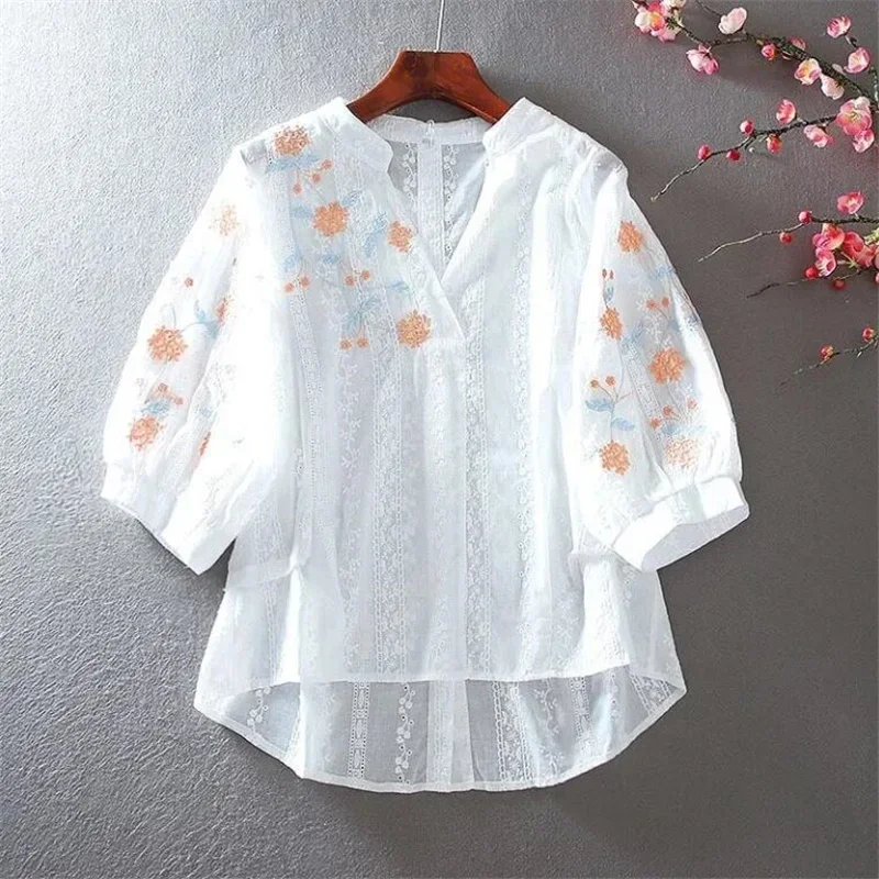 

Embroidered Floral Blouses Women Shirt Pure Cotton Top Middle Sleeve Pullover OL Loose Thin Hollow Out Retro Female Blouses E227