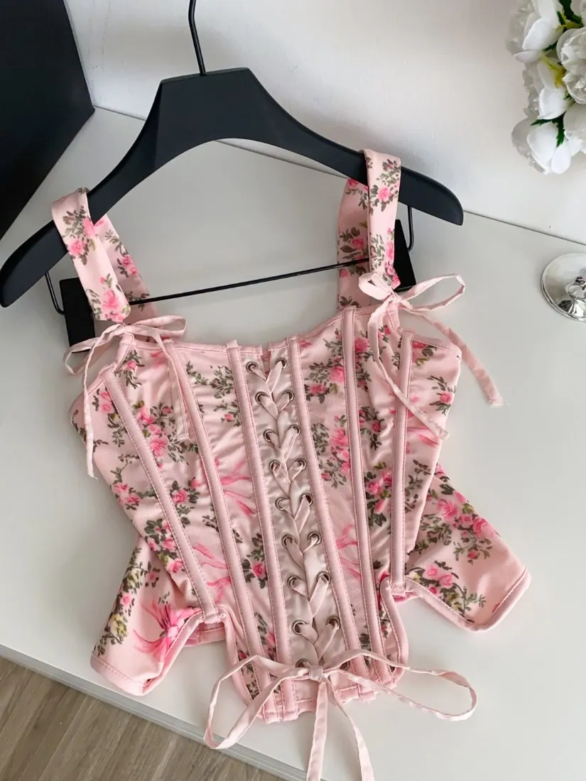 

Foamlina Trendy Floral Halter Strap Bandeau Vest Camisole Summer Tie Up Boning Cinched Waist Sweet Spicy Outer Corset Tanks