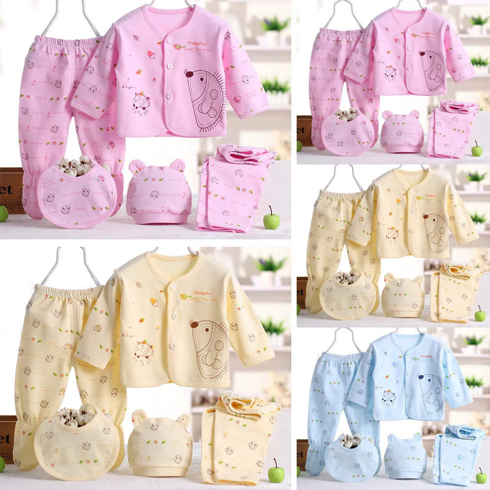 

5PCS Newborn Baby Boys Girls Layette Set Cotton Sleepwear Tops Hat Pants Bib Suit Outfit Clothes Sets for 0-3M