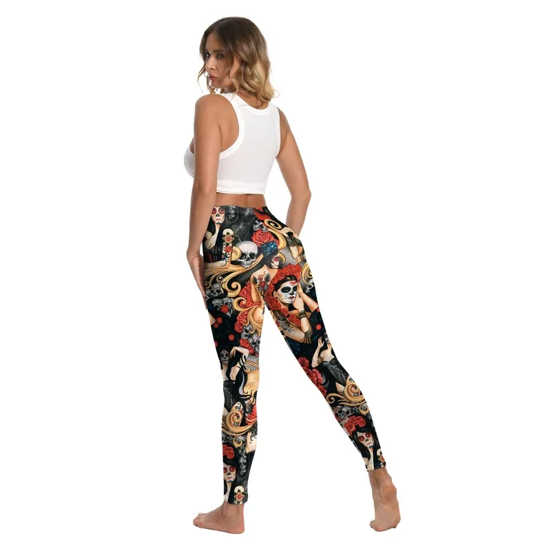 Halloween Day of The Dead Skull Rose 3D Print Pattern Sexy Skinny Leggins Fitness Workout Leggings for Women Trouser  Female