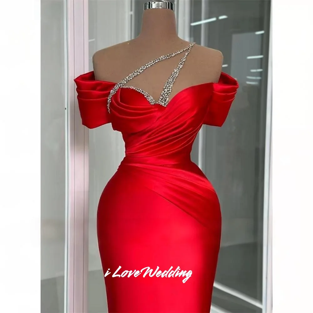 Czerwona suknia balowa syrenka z odkrytymi ramionami, zdobiona cyrkoniami, proste suknie wieczorowe, suknie na noc, długość do podłogi, plisowana, szyta na miarę.
