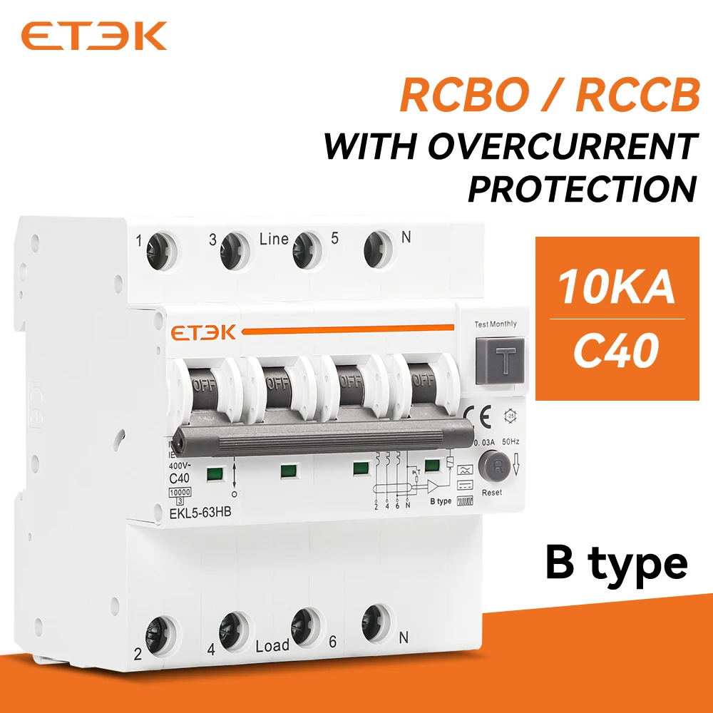 ETEC Tipo B RCBO Disyuntor automático residual 10KA 2p 4P 32a 40a 63a Protección contra fugas de sobrecorriente 30mA EKL5