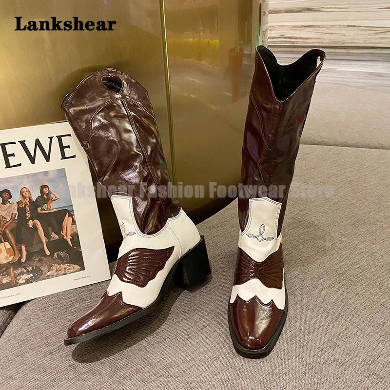 Square Toe V-Mouth Thick Heel Embroidered Knight Boots Mid-Calf Color-Blocked Western Cowboy Boots Spring and Summer New Style