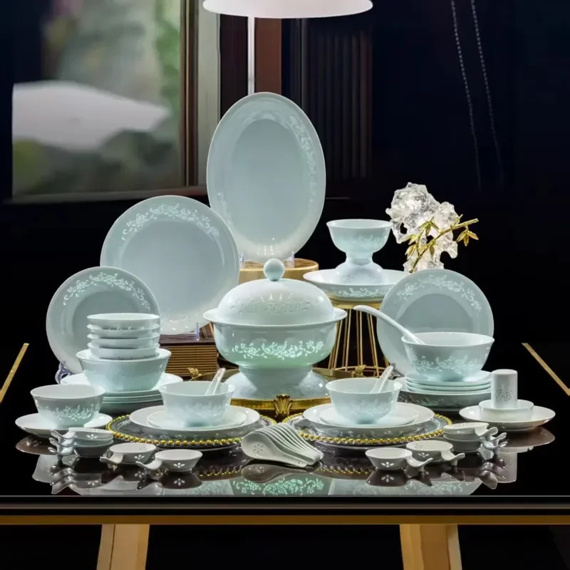 High Temperature Underglaze Celadon Dinnerware Set Chinese Style Simple Household Plates Bowl Gift for Housewarming Kitchen