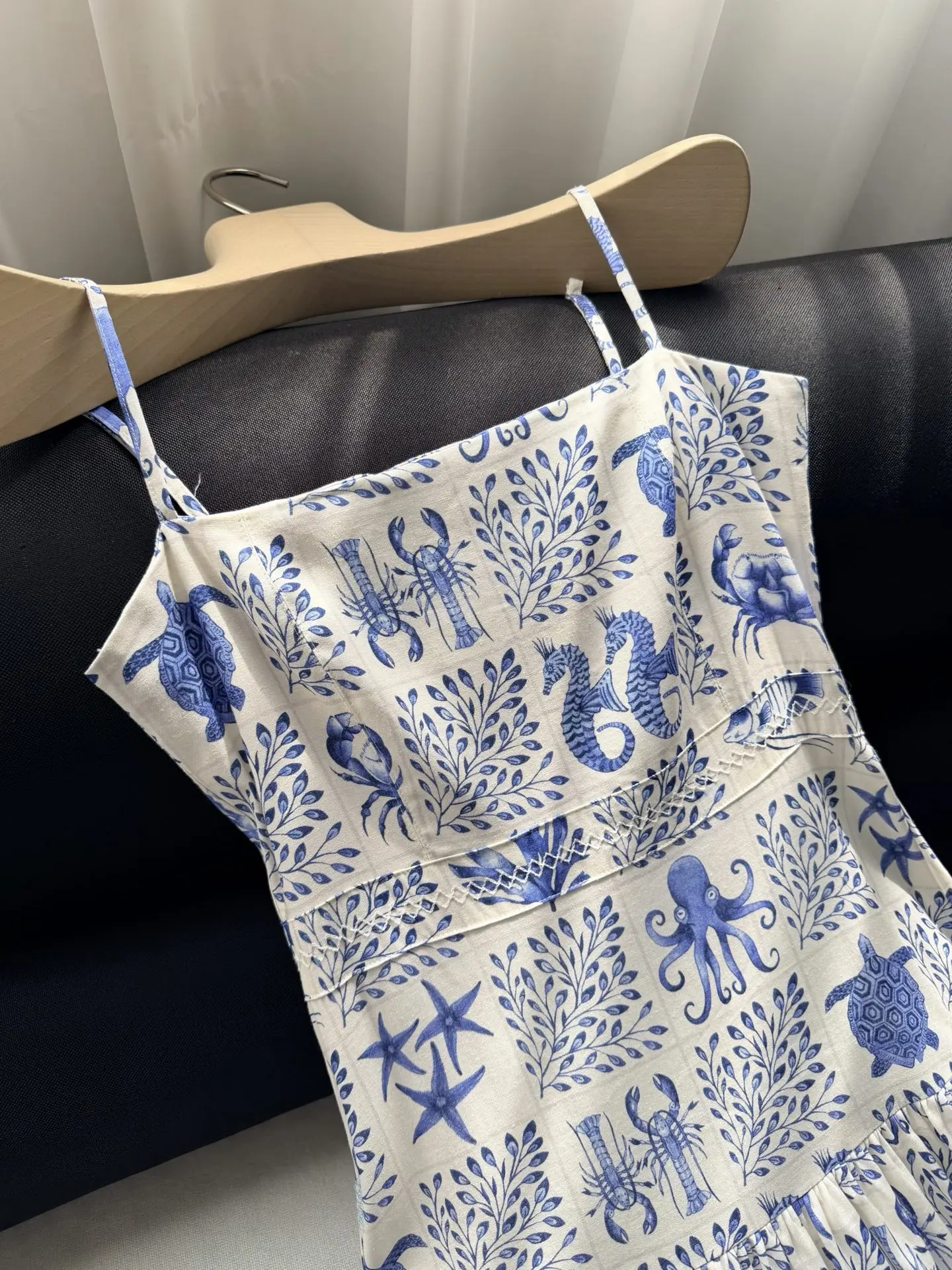 Summer Women's Marine Animal Pattern Dress 100% Linen Square Collar Sleeveless High Waist Casual Female Sling Robe ﻿