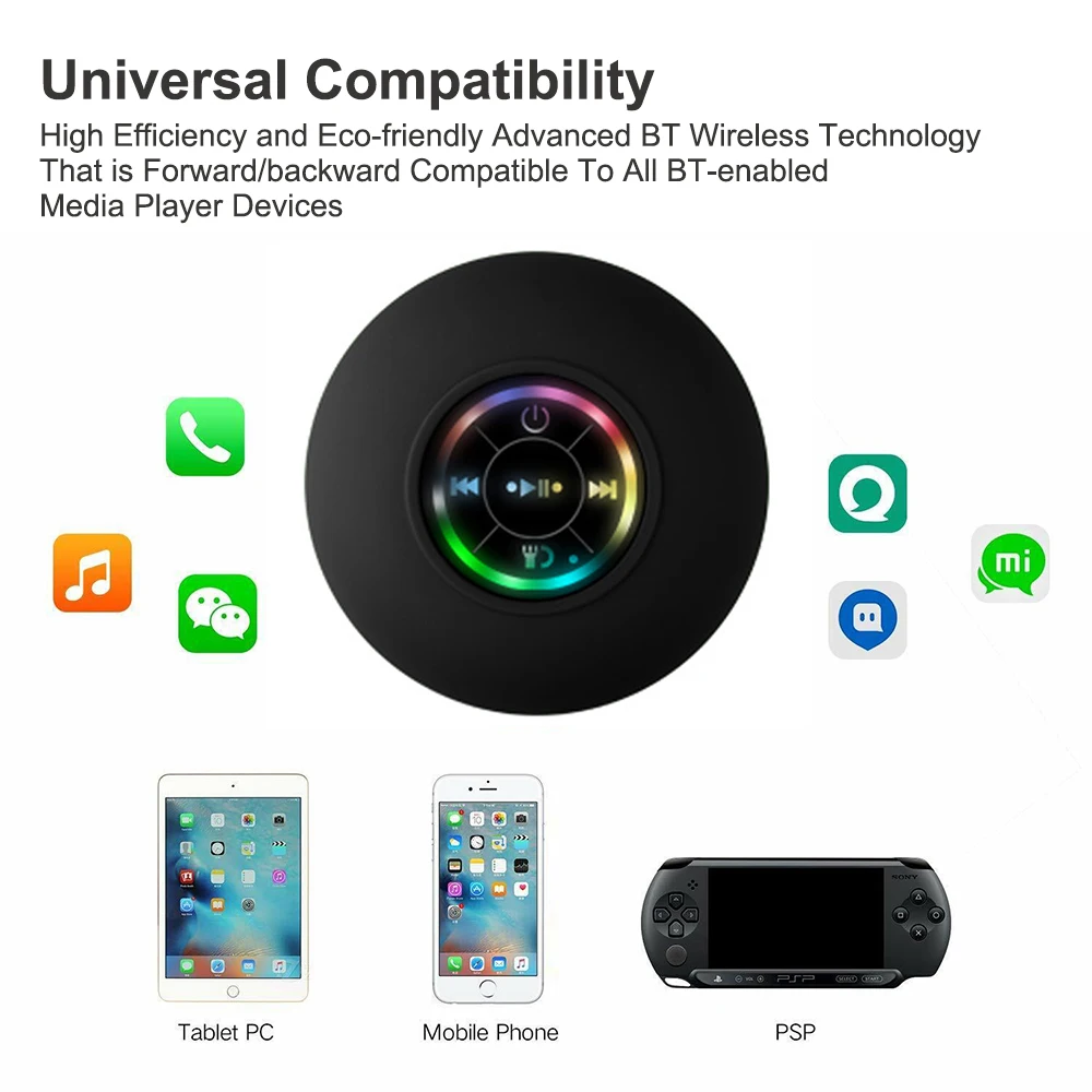 Portable Waterproof Shower Bluetooth Speaker 3D Surround Sound With Suction Cup Led Light Support Hands-free Calling