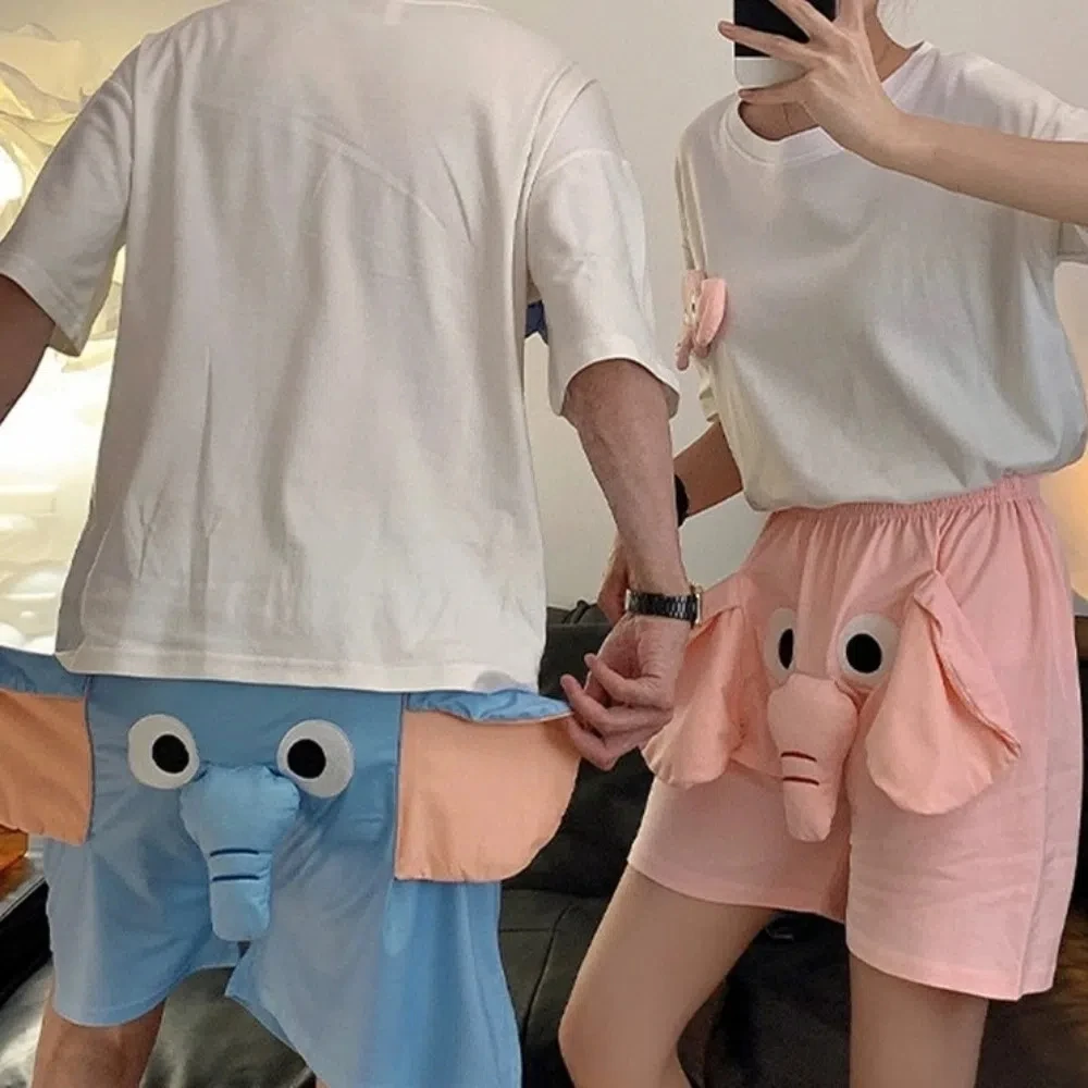 Casual 3D Ears Elephant Trunk Pajamas Nose Funny Short Sleeve Sleepwear Loose Couple Pajamas Suit Summer