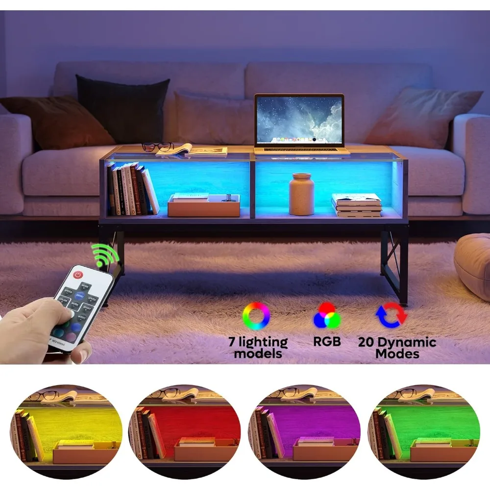 LED Coffee Tables for Living Room,Wood Center Table with Glass Top Game Night. 42 Inch Room Grey Wash