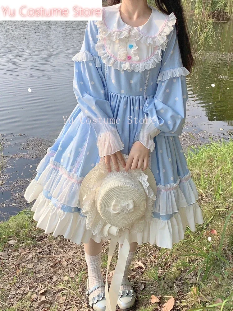 

Yu Costume StoreLolita Style Princess Dresses Kawaii Peter Pan Collar Bow LaceCascading Ruffle FullSleeve Sweety Cosplay Dress