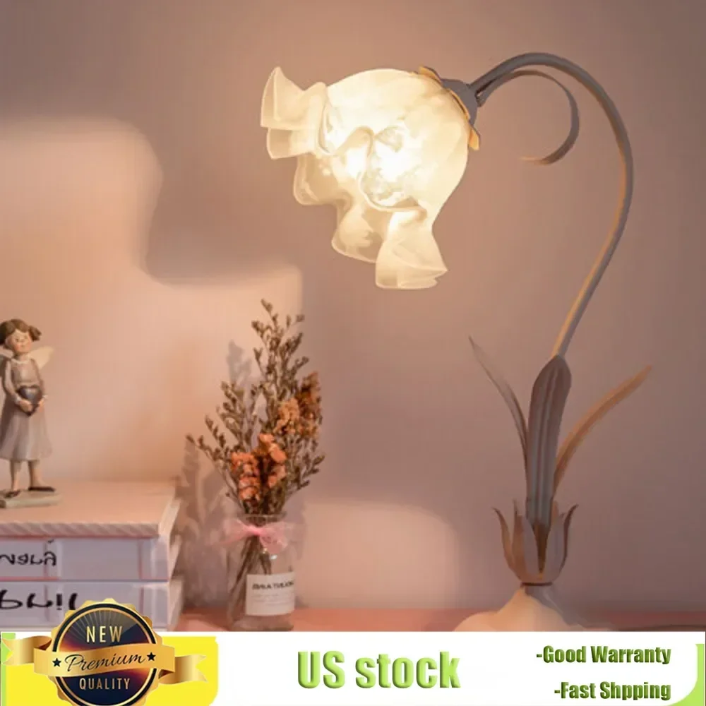 Bymaocar Fiore Rosa Lampada da scrivania Tavolo a LED 110V Lampada Fashional Illuminazione per interni E27 Decorazioni per la casa con paralume in vetro per scrivania della camera da letto