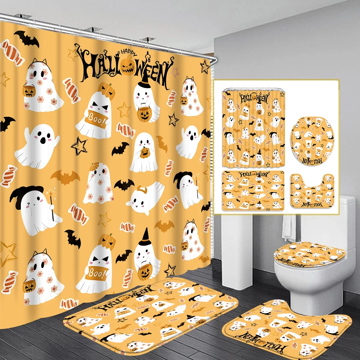 1/4PC Halloween Simple Pattern Waterproof Shower Curtain or Waterproof Anti-Slip Shower Curtain Set, Free 12 Hooks