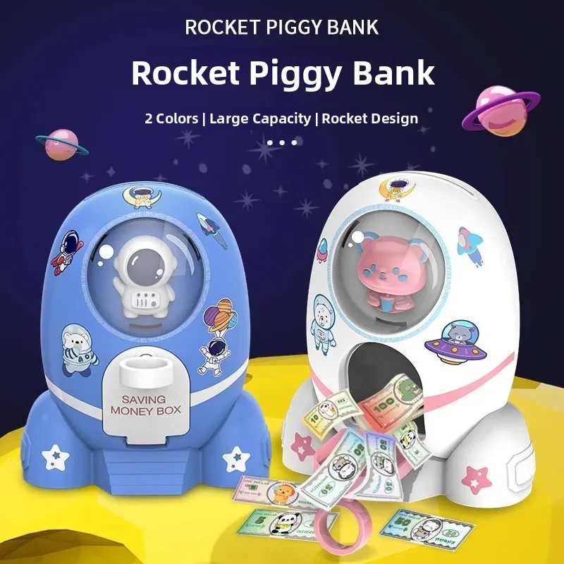 Cartoon Rocket Piggy Bank Astronaut Decoration Design Coin Cash Storage Case Desktop Ornament Financial Management Practice Prop