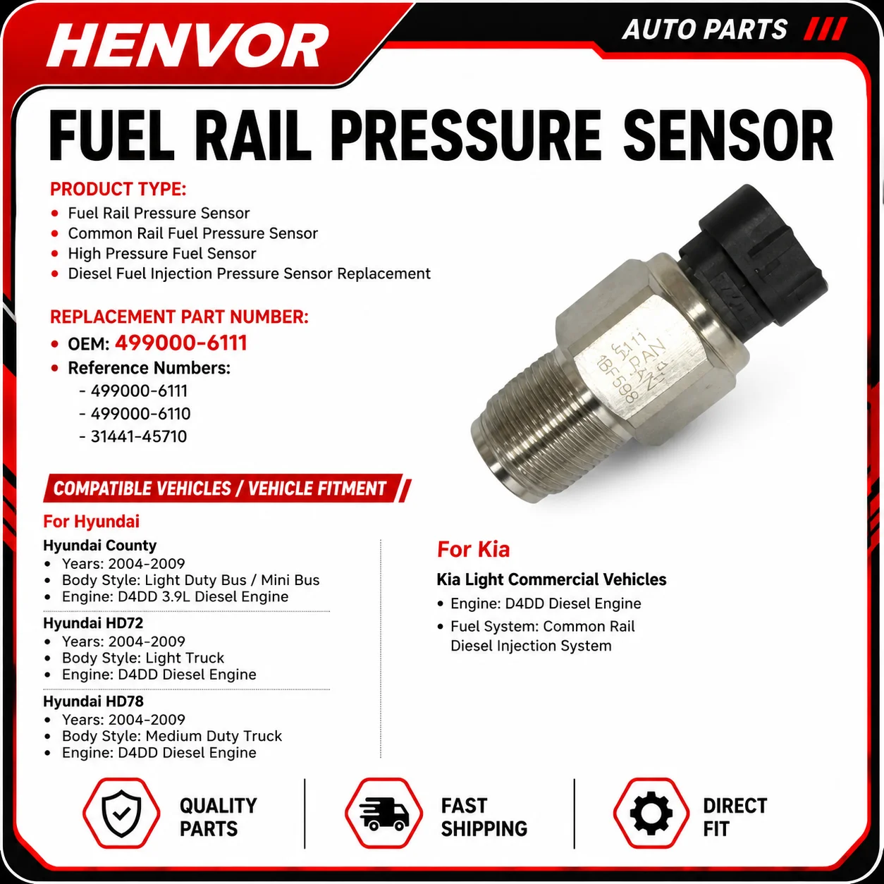 499000-6111 Fuel Rail Pressure Sensor Common Rail High Pressure Sensor For Hyundai Kia D4DD County HD72 HD78