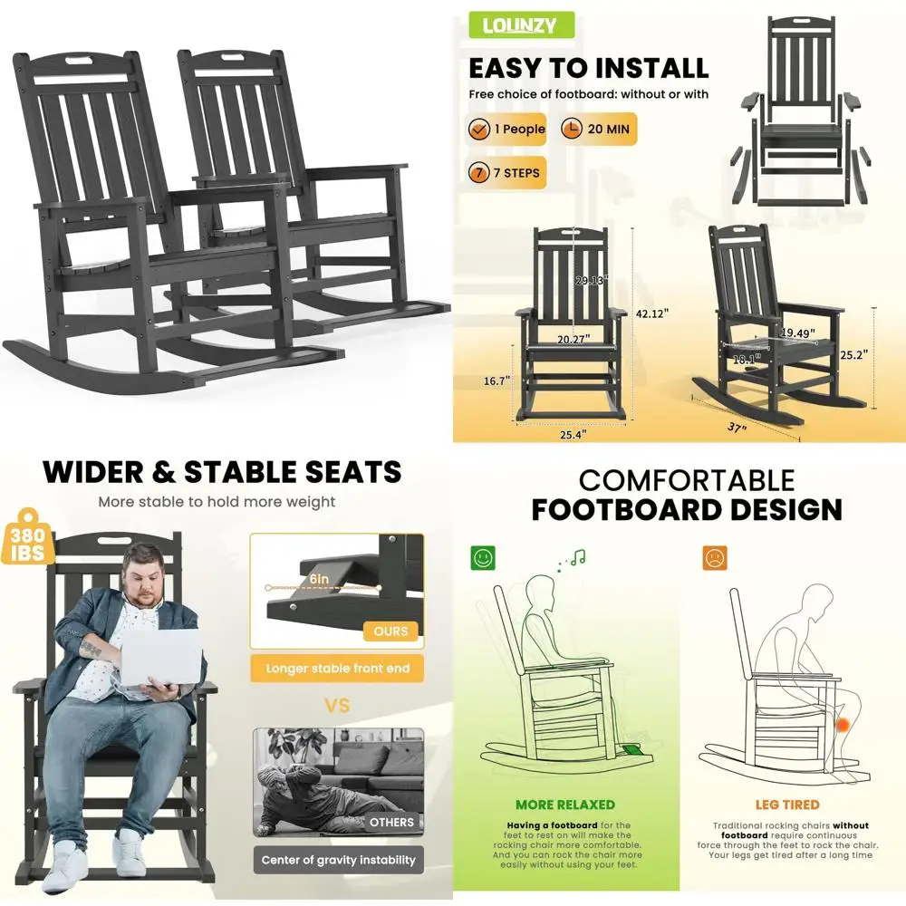 Outdoor Rocking Chairs Set of 2 - Heavy Duty HDPE Patio Porch Rocker with 380lbs Capacity for Adults, Grey, Ideal for Relaxation