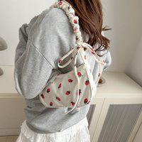 Women Small Underarm Bag Corduroy Handbag Cute Strawberry Print Little Tote Half Moon Design Eco Cloth Purse Mini Shoulder Bags