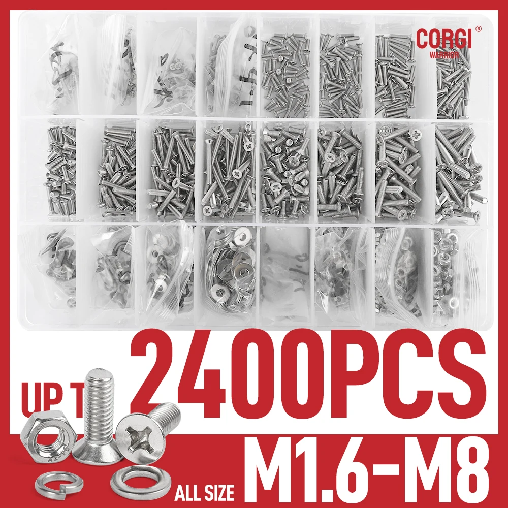 M1.6 M2 M2.5 M3 M4 M5 M6 M8 Flat Head Phillips Machine Screws Assortment 2400 Stainless Stee Electricians Screw Nuts with Case