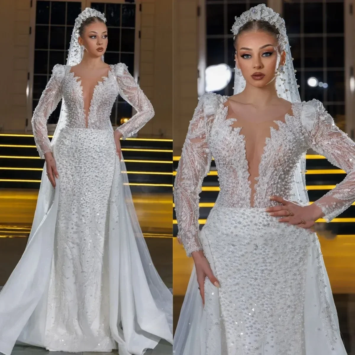 

Luxurious Mermaid Lace Beaded Women's Wedding Dress Sexy Deep V-neck Long Sleeve with Detachable Skirts Bridal Dress Customized