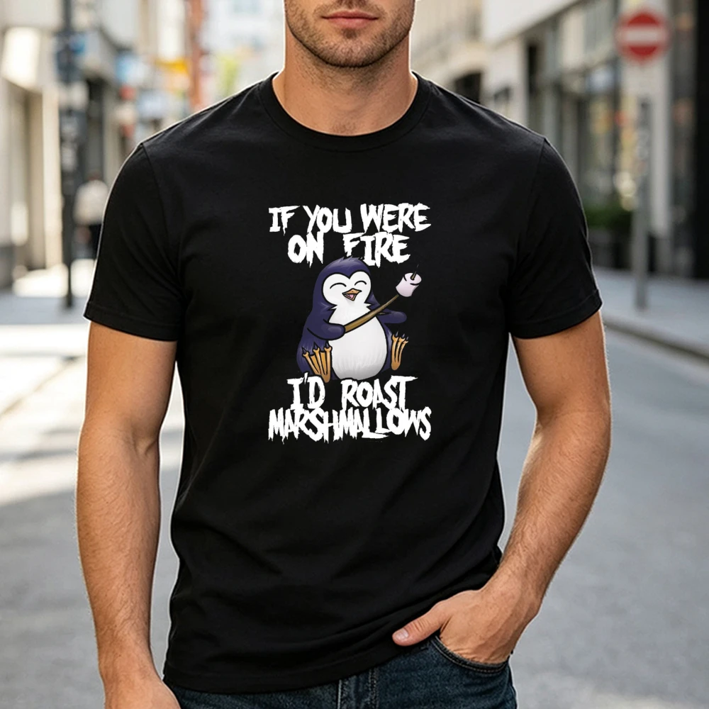 Roast Marshmallows Penguin Dark Humor T Shirt Men Sarcastic Fire Cartoon Print Tee Black Comfy Summer Top Camping Outdoor