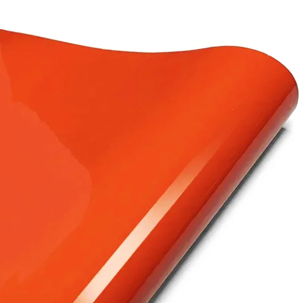 Glänzende orangefarbene PVC-Vinylfolie mit Luftkanälen, selbstklebend, für DIY-Dekoration von Auto, Motorrad und Möbeln.