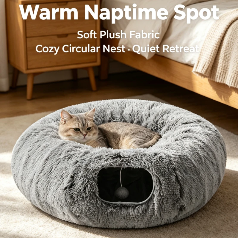 Plush Round Pet Bed With Soft Fleece Lining And Cave Design For Cat Dog Cozy Sleeping Nest Floor Mat