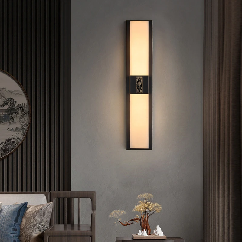 

New Chinese-style all-copper and jade wall lamp living room background wall entrance aisle marble Chinese wind villa