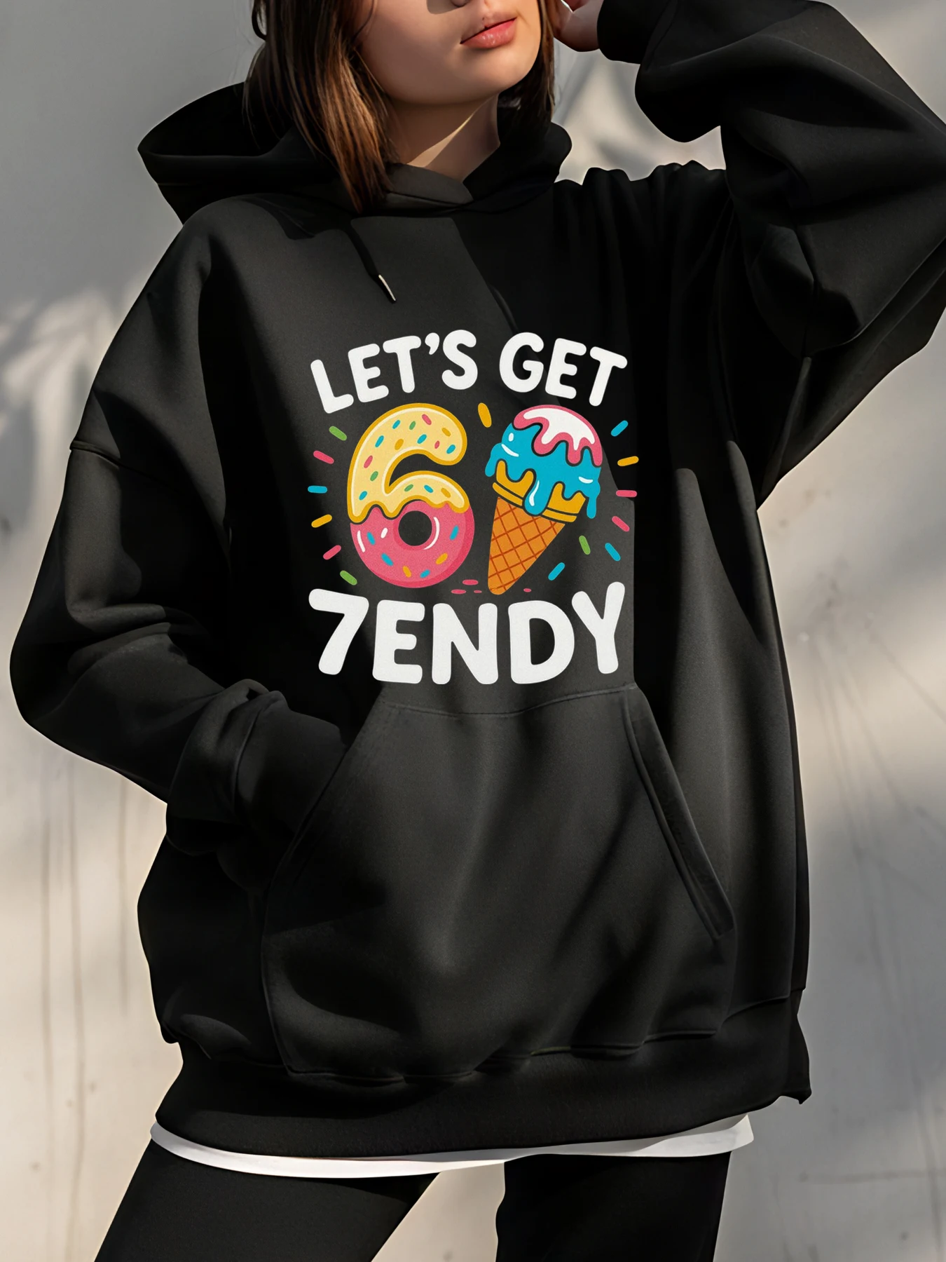 

Женская черная толстовка с капюшоном Let's Get 6, повседневная толстовка с принтом мороженого и пончика для молодежи и подростков, модная уличная одежда