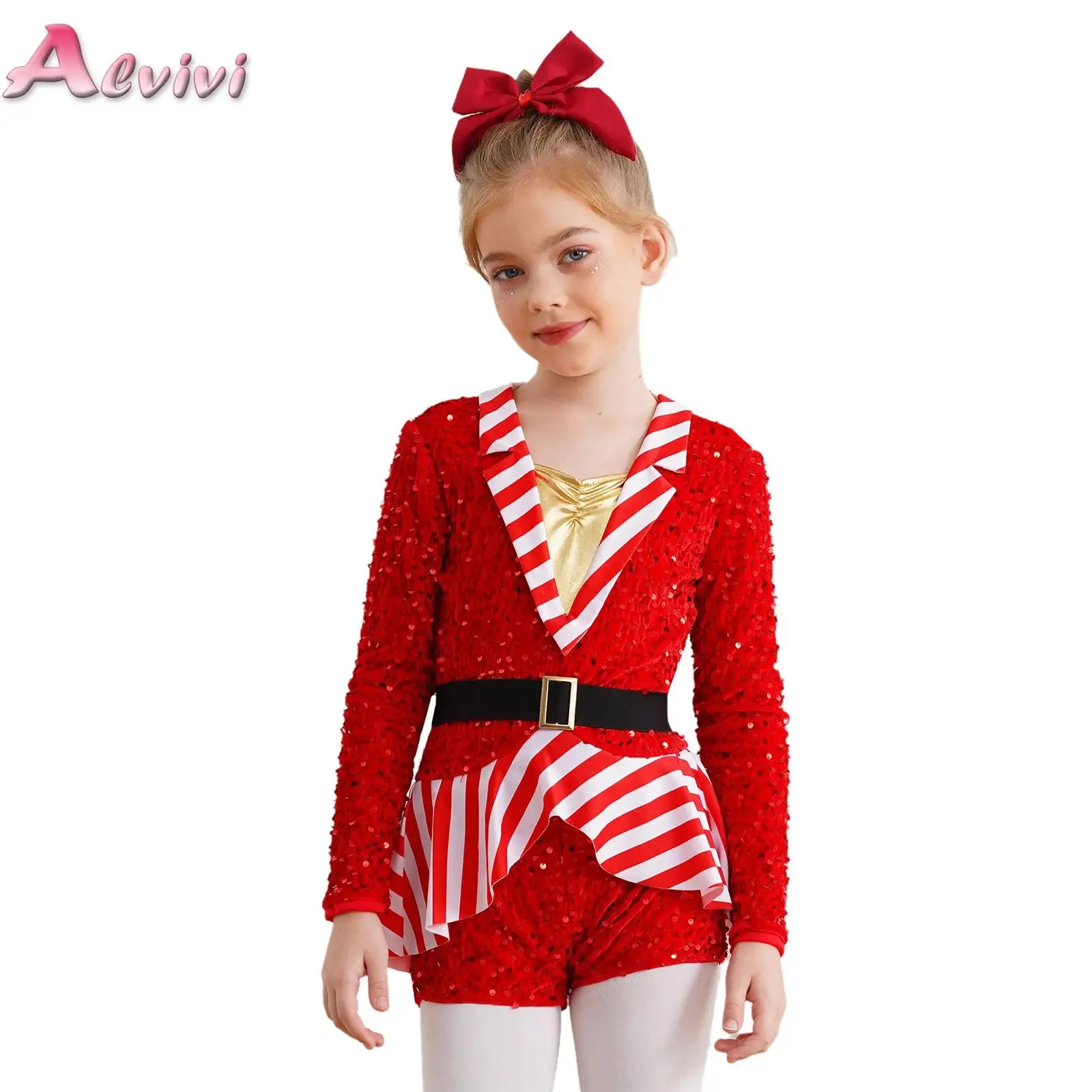 

Girls Christmas Party Candy Cane Costume Sequins Striped Ballet Unitard Dress Dancewear Long Sleeve Roller Figure Skating Wear
