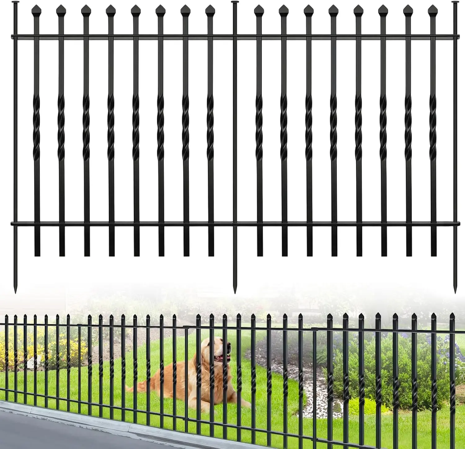 10 Panels Decorative Garden Fence, 32in(H) x 24Ft(L) Heavy Duty Twist Outdoor Dog Fence Rustproof Metal Square Tube No Dig