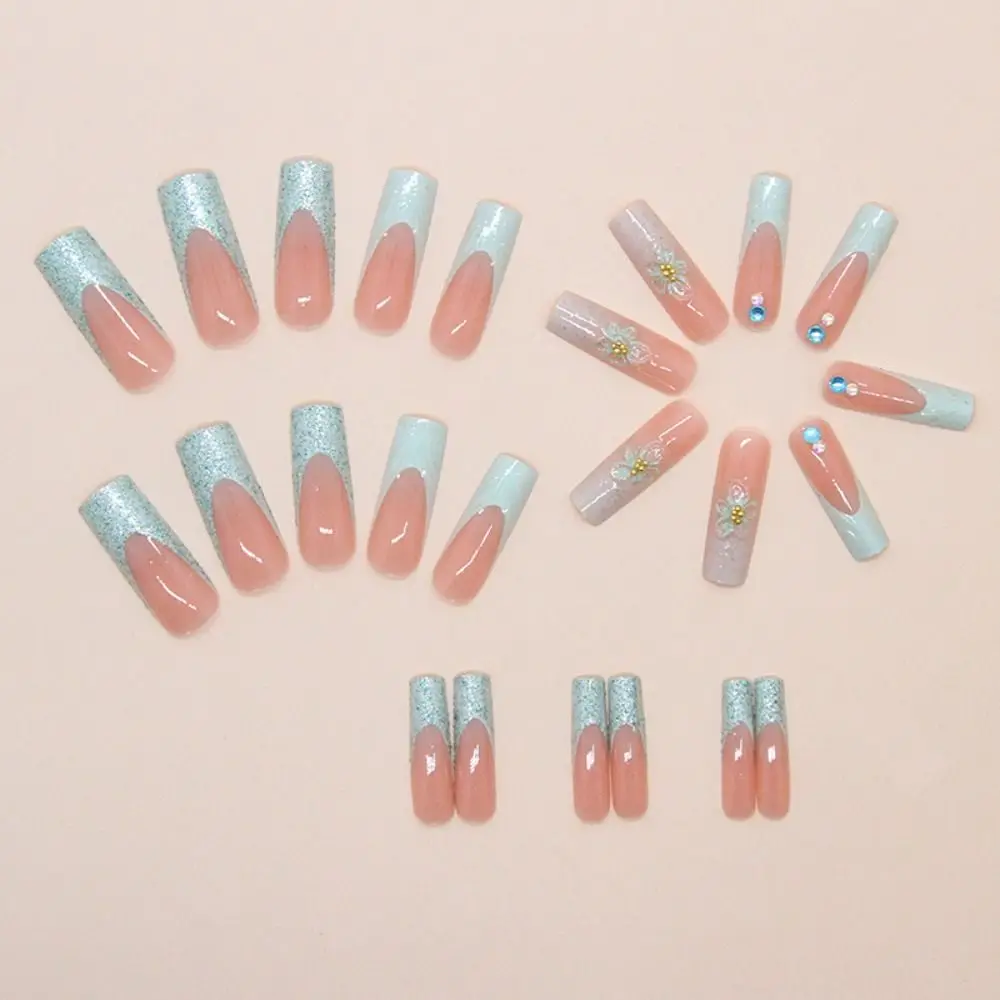 24pcs Detachable Long Water Pipe False Nails Striped Gold Beans French Nail Tips Full Cover Sparkling Pearl Press on Nails DIY