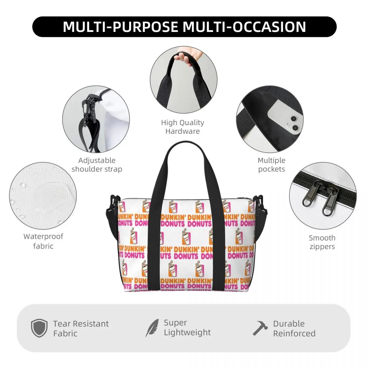 Custom Dunkin Donuts Beach Travel Bag Large Capacity Tote Bags for Gym Sport Women Shopping Duffle Shoulder Bag view 6