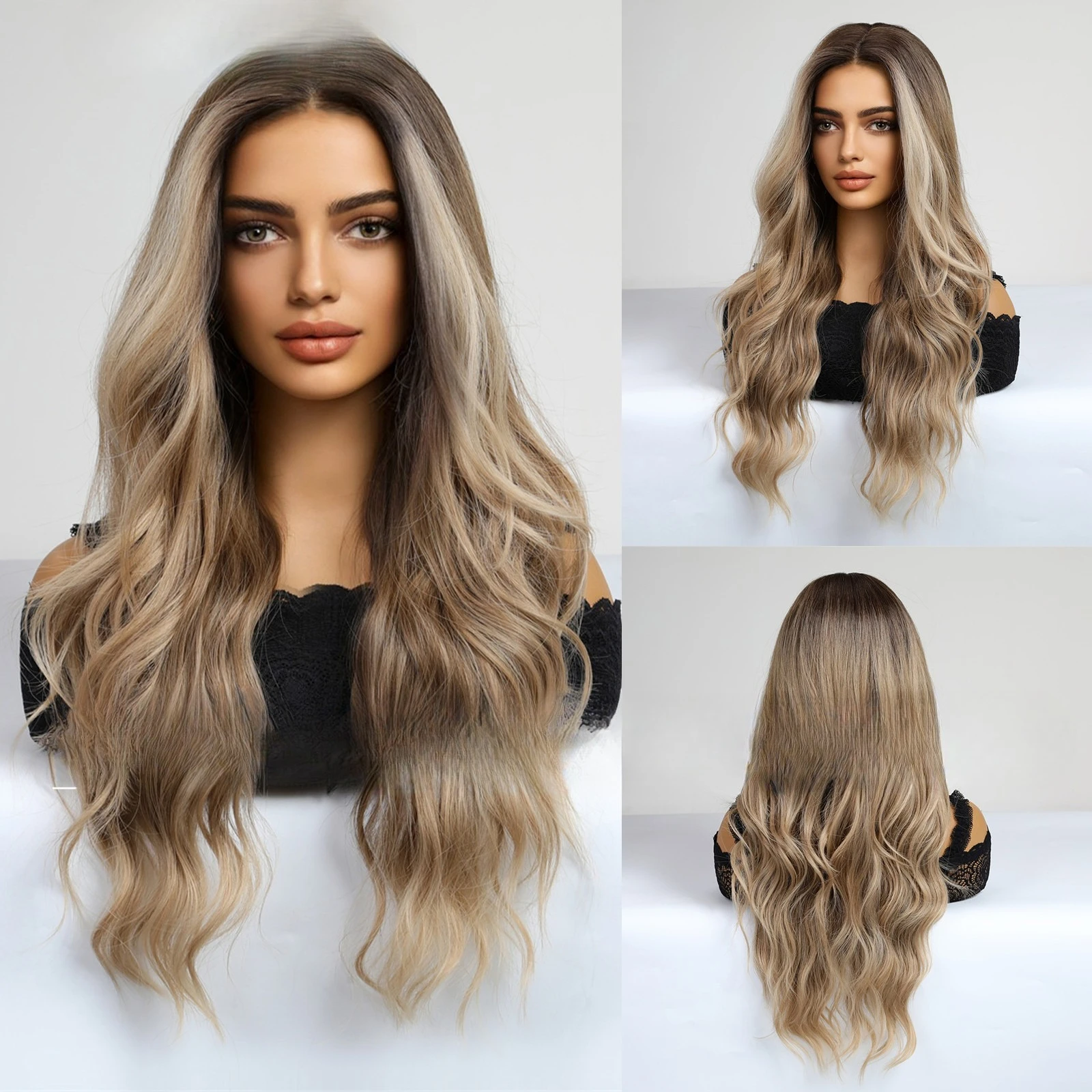 

Hot-selling, medium big waves long curly hair gradual change dark brown matte high temperature silk wig women full headgear