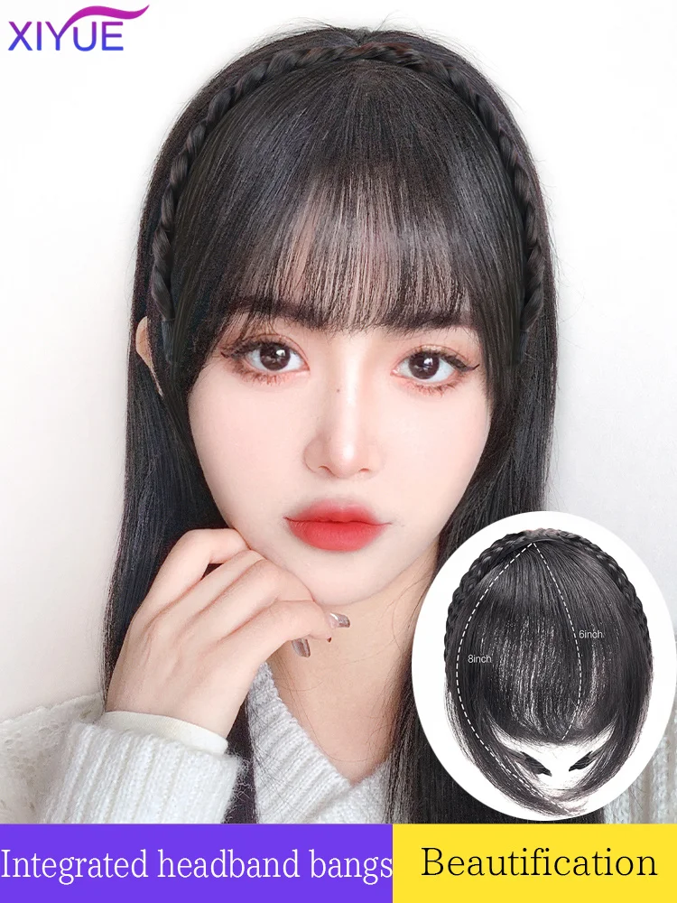 Synthetic Fake Bangs Hair Neat Rhinestone hairband With Braids Headband Heat Resistant Bangs In Hair Extensions Hairpieces Hair