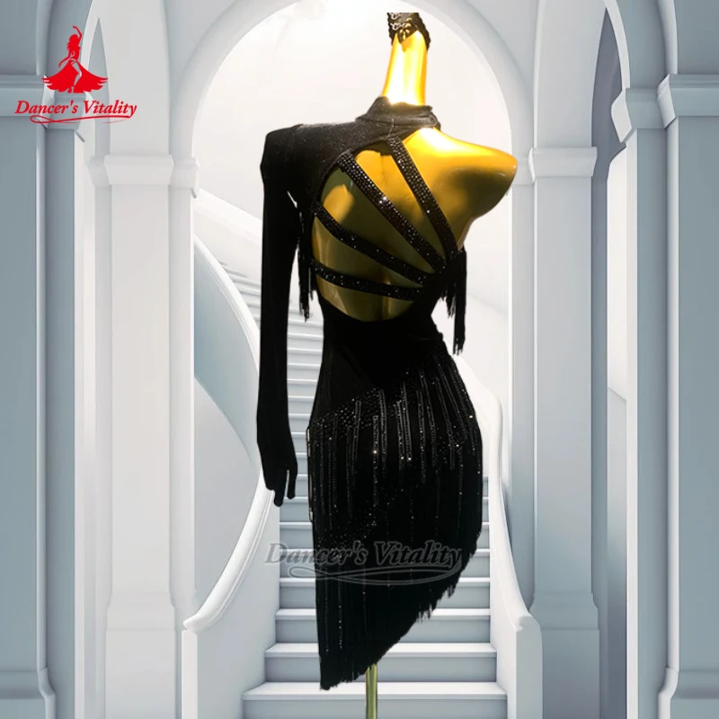 فساتين تشاتشا سامبا السالسا النسائية ذات الرقبة العالية مهدب مسابقة الرقص اللاتينية للبالغين وأداء الملابس حيوية الراقصة المخصصة #3