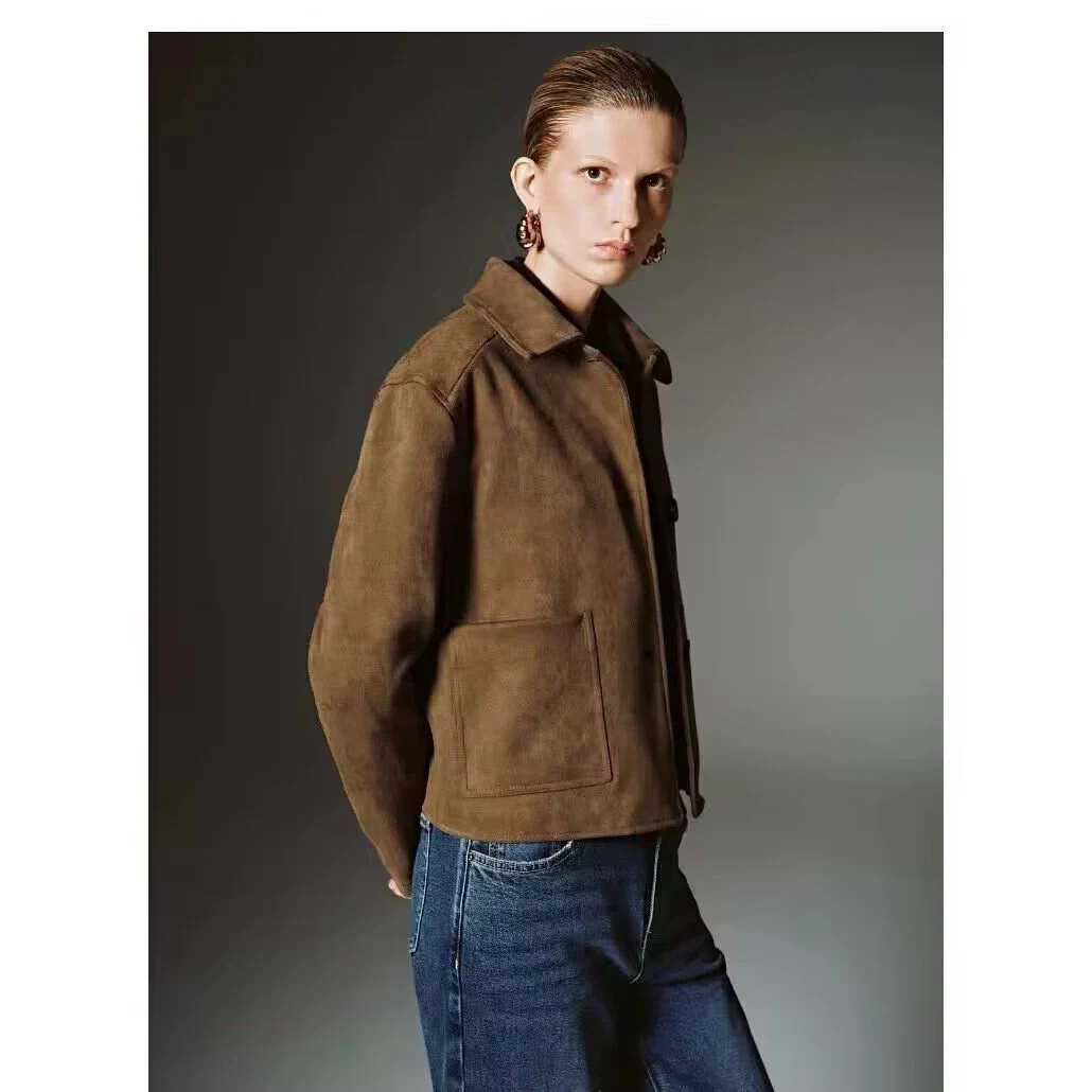 Early Autumn New Women's Fashionable All-Match Turn-down Collar Button Short Coat ZR Style Polyester Fiber Slim Fit Long Sleeve