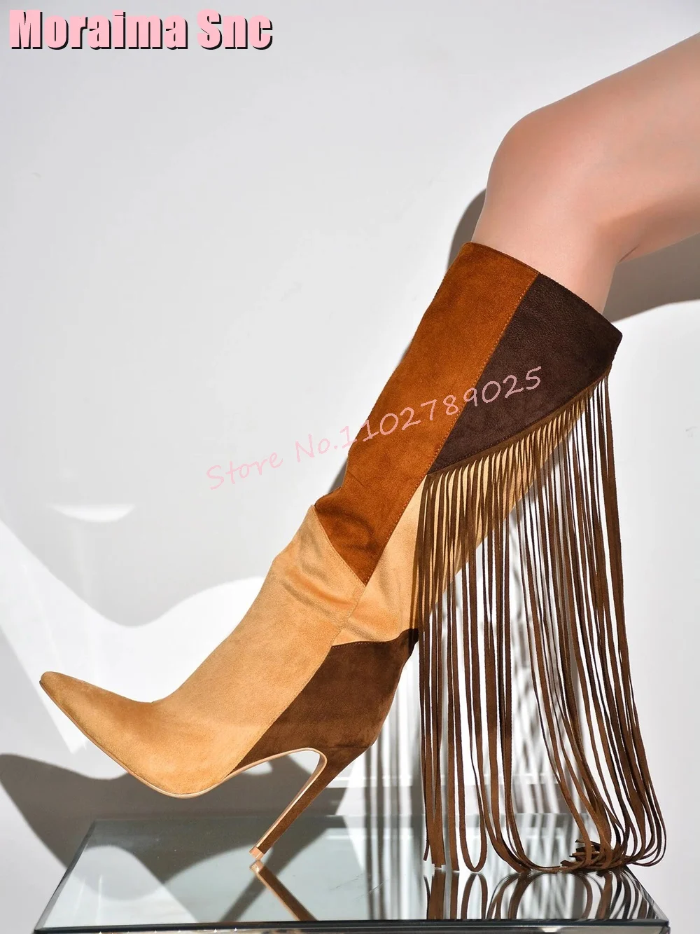 

Fringe Stitching Pointed Toe Knee High Boots Suede Leather Stiletto High Heel Women Long Boots Brown Multi Color Fashion Winter