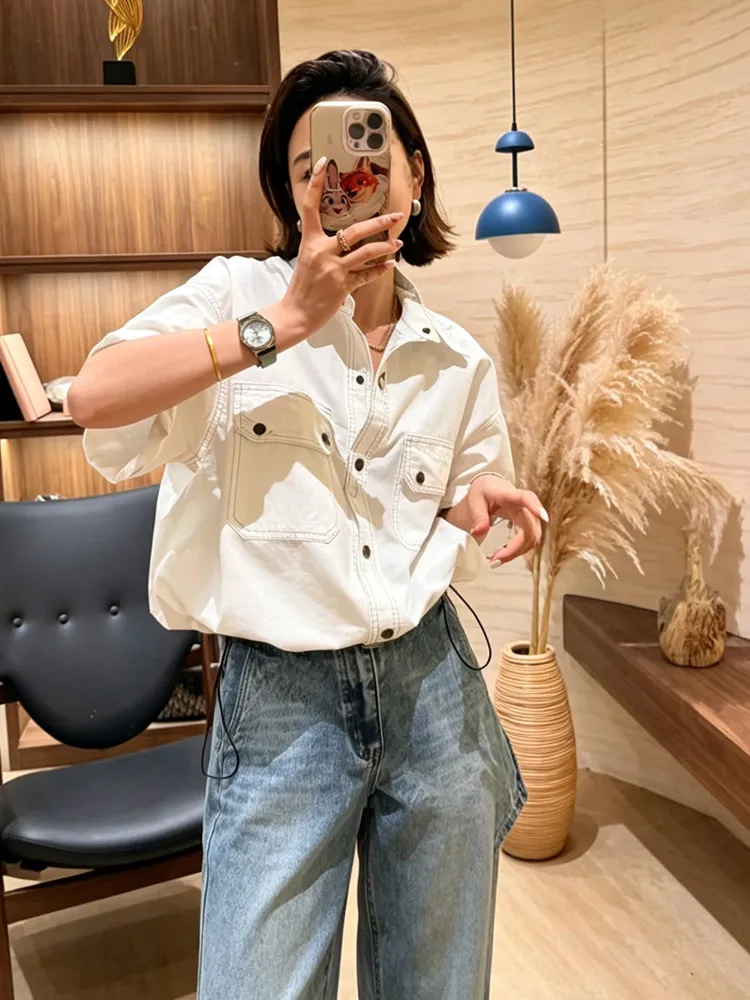 

Korean Style Women's Short Sleeve Shirt Stand Collar Single Button Fashionable Summer New Arrival Thin Material Breathable