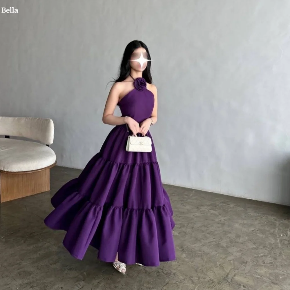 

Bella Индивидуальные фиолетовые 3D цветочные шифоновые халаты без рукавов до щиколотки, вечерние платья с открытой спиной, трапециевидное платье для выпускного вечера 2025