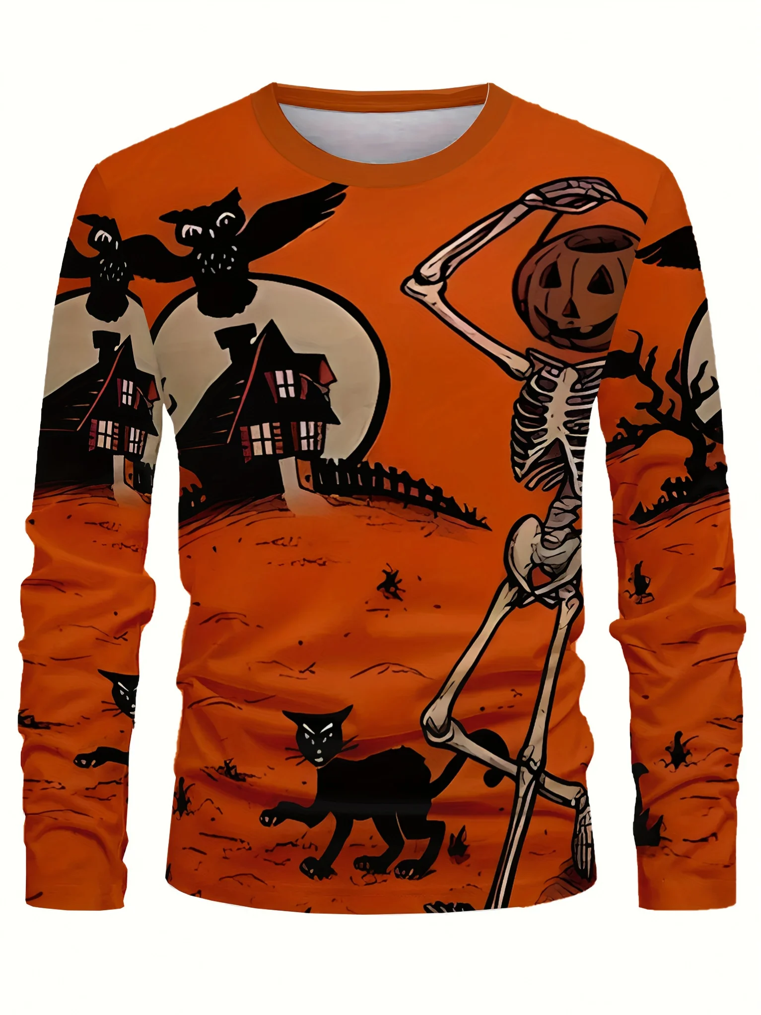 Men's Long Sleeve T‑Shirt Skeleton Pumpkin Owl Haunted House Black Cat Halloween Print Crew Neck Casual Top