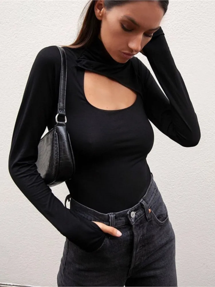 Women's Long Sleeve Bodysuit Leotard Tops Black Slim Romper Clubwear Sexy Body Hollow Out Turtleneck Bodysuits Clothes