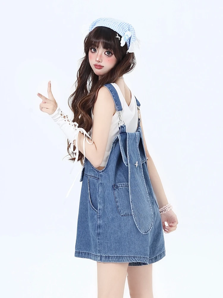 Japanese Style Kawaii Jean Strap Shorts Women 2000s Vintage Y2k Clothing Denim Shorts Cute Girl Loose Strap Wide Leg Overalls