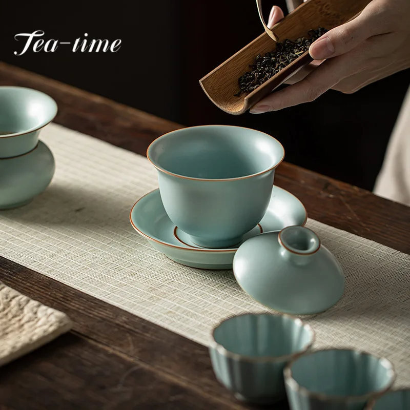 175ml Handmade Azure Ru Porcelain Gaiwan Aesthetic Tea Bowl with Saucer Lid Kit Tea Tureen Tea Brewing Cover Bowl Cha Supplies