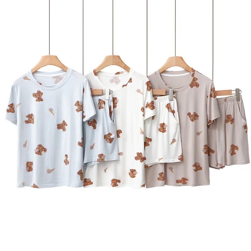 2024 New Japan Style Cute Bear Printed Pajama Set O-neck Short Sleeve Tee+ Belt Elastic Waist Shorts Women Two Piece Set Summer