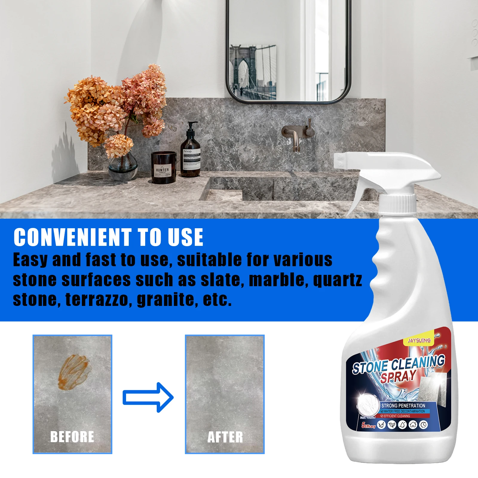 Stone Stain Remover Granite Quartz Marble Tile Stubborn Stains Deep Cleaning Powder Strong Decontamination Granite Stone Cleaner