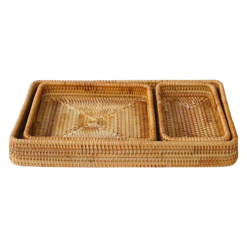 Handwoven Rattan Storage Basket Square Wicker Tray Picnic Basket Bread Food Plate Fruit Cake Sundries Box Home Desk Decoration