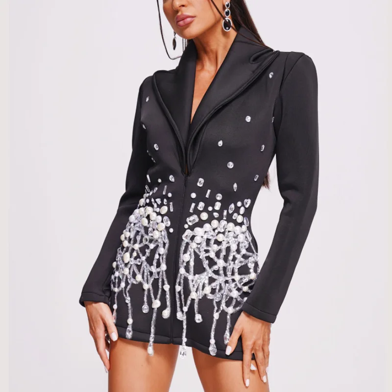 STOCK Luxury Diamonds Pearl Deading Black Suit Mini Dress Woman Evening Party Vestido Celebrate Nightclub Bar Party Outfit