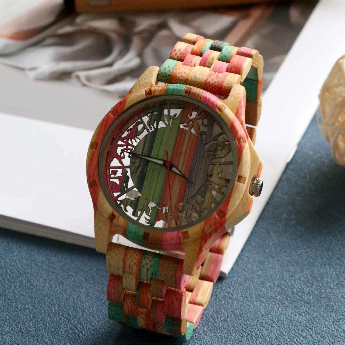ساعة رجالية من الخيزران الملون، 12 كوكبة بمينا مجوف، ساعة يد كوارتز عصرية، ساعة خشبية للرجال، هدية للرجال