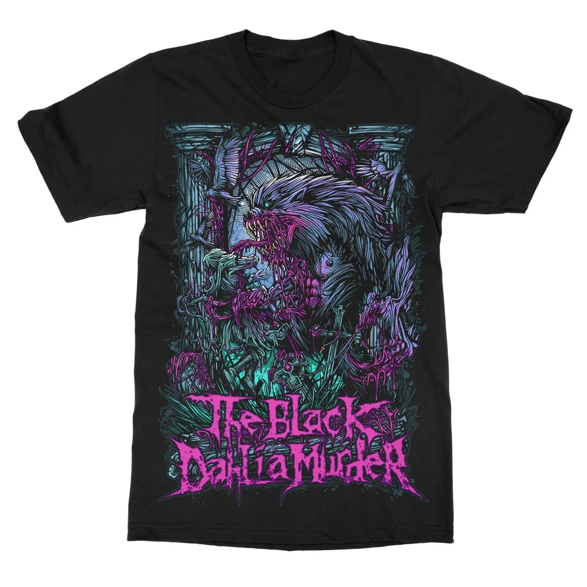 Das T-Shirt mit dem Retro-Comic-Monster-Motiv von Black Dahlia Murder, ein leuchtendes Halloween-Design mit einem Dämonencharakter. – Detail 7
